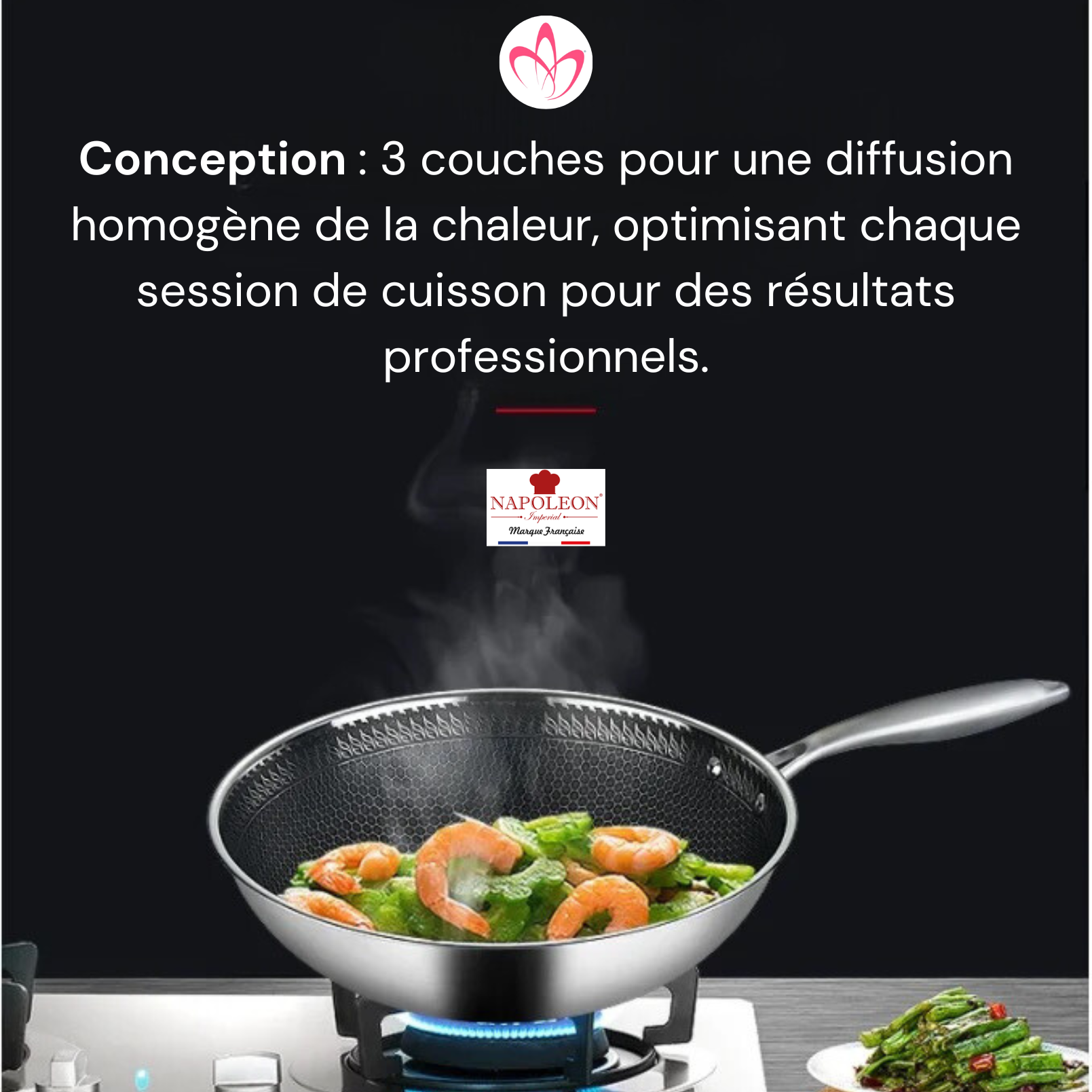 WOK 28 cm en Inox 18/10 - Sans PFAS - Structure nid d'abeille Triple couche - Napoléon Impérial