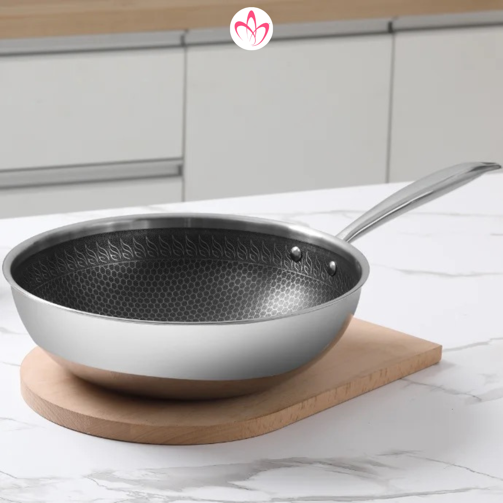 WOK 28 cm en Inox 18/10 - Sans PFAS - Structure nid d'abeille Triple couche - Napoléon Impérial